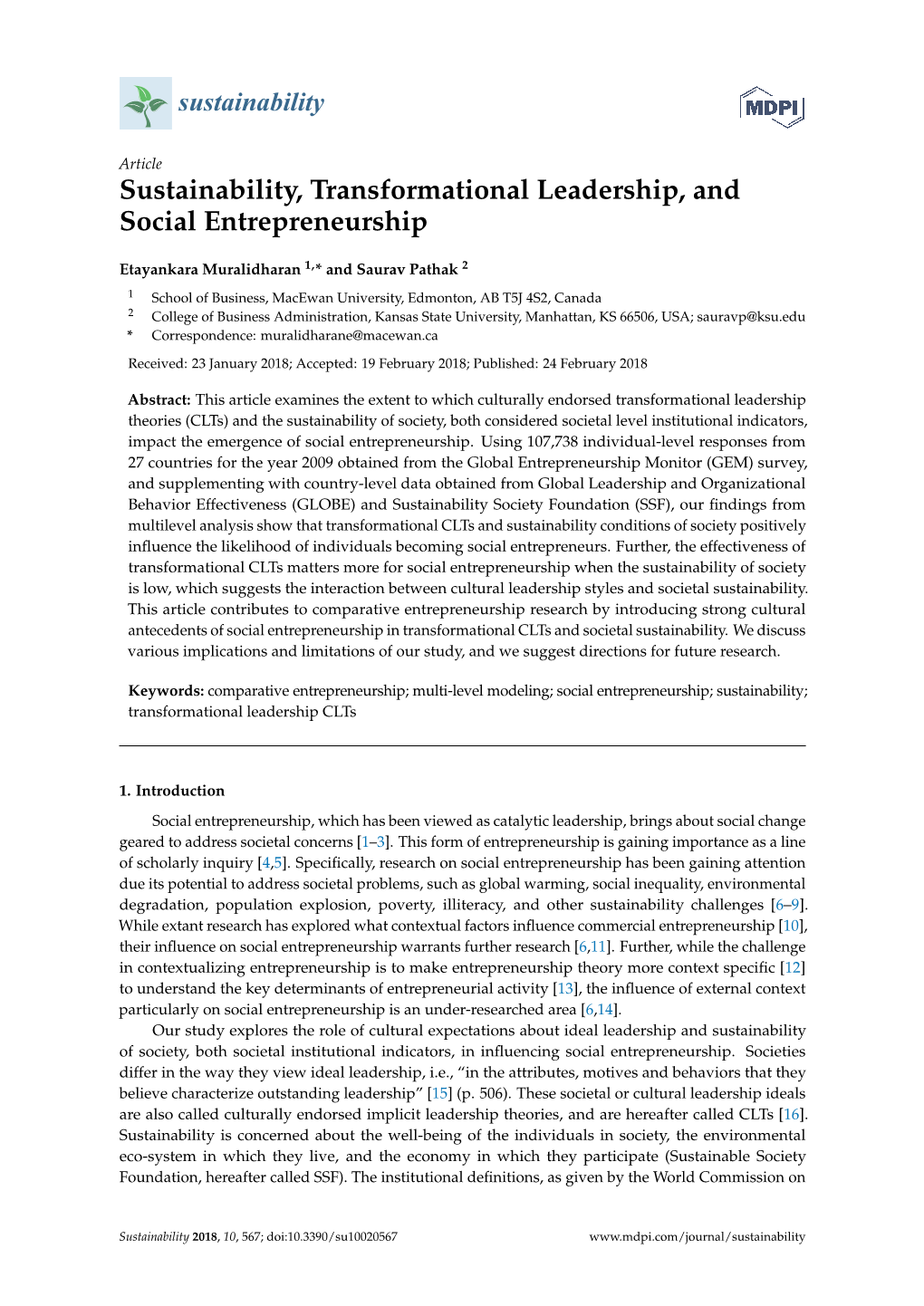 Sustainability, Transformational Leadership, and Social Entrepreneurship