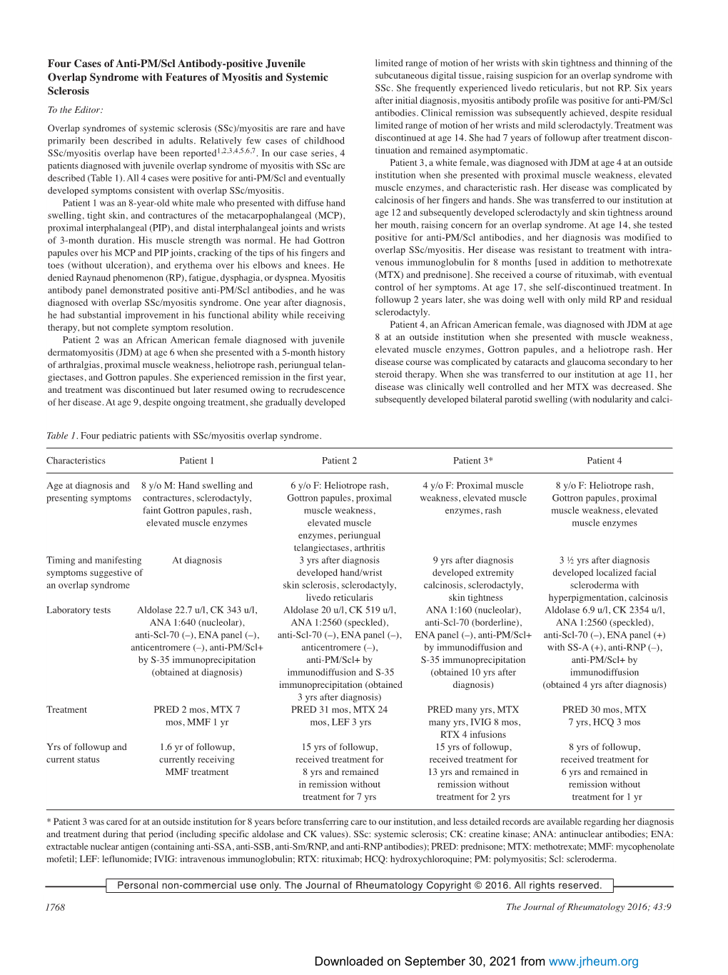 Four Cases of Anti-PM/Scl Antibody-Positive Juvenile Overlap