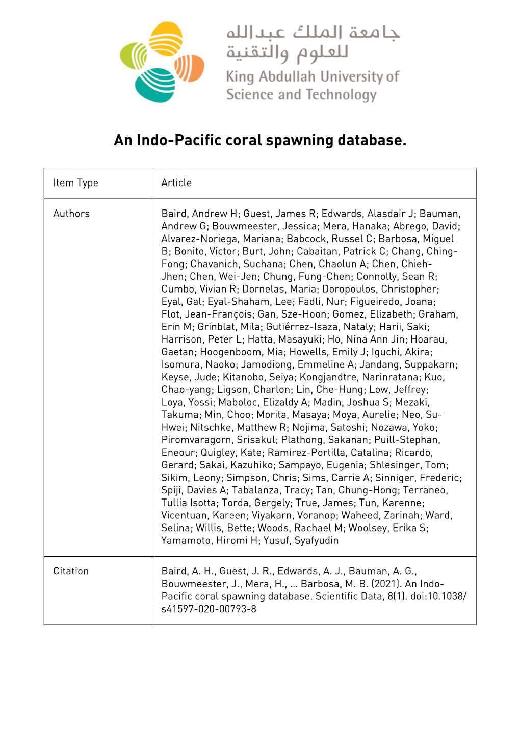 An Indo-Pacific Coral Spawning Database