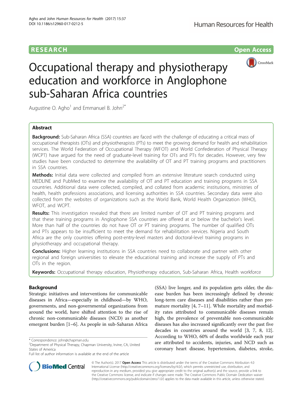 Occupational Therapy and Physiotherapy Education and Workforce in Anglophone Sub-Saharan Africa Countries Augustine O