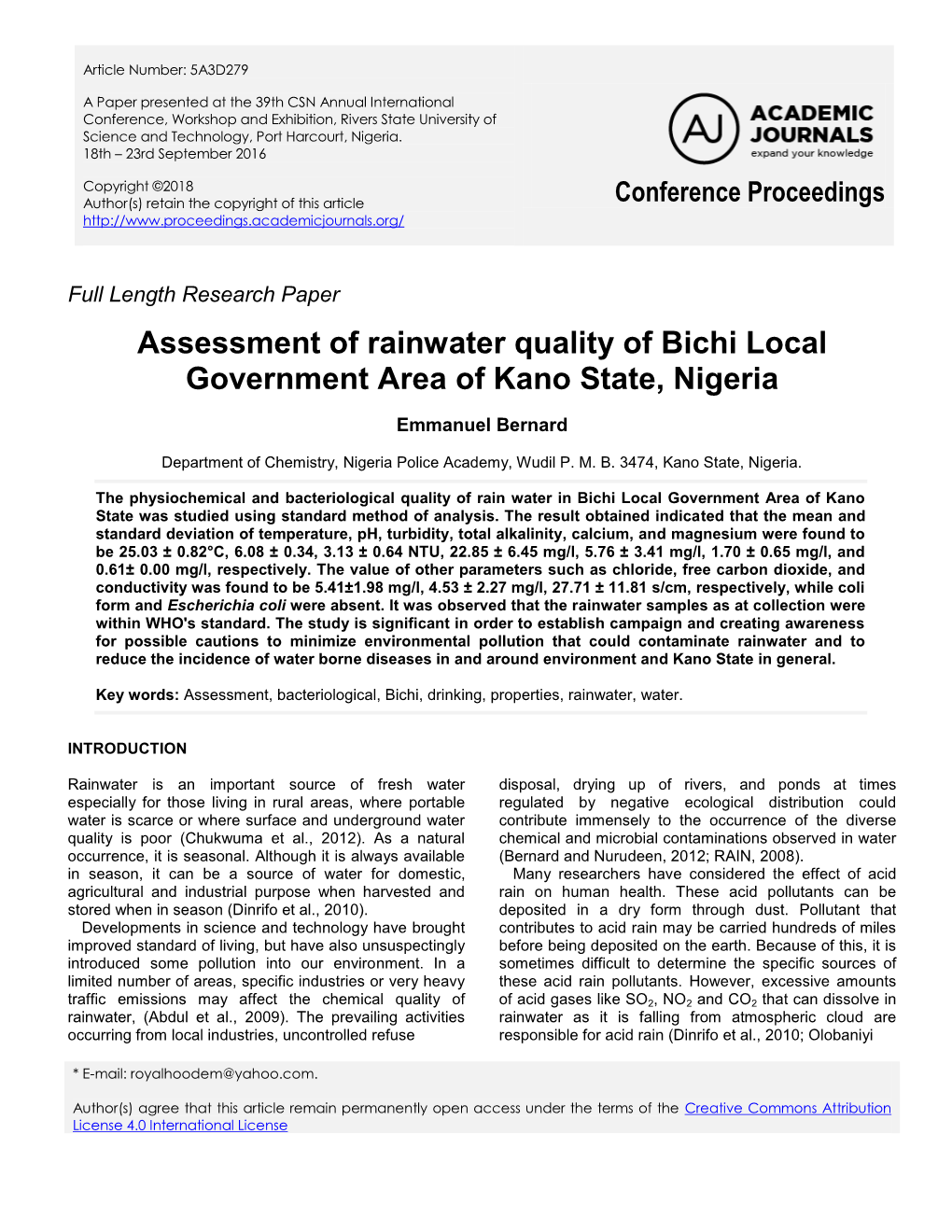 Assessment of Rainwater Quality of Bichi Local Government Area of Kano State, Nigeria