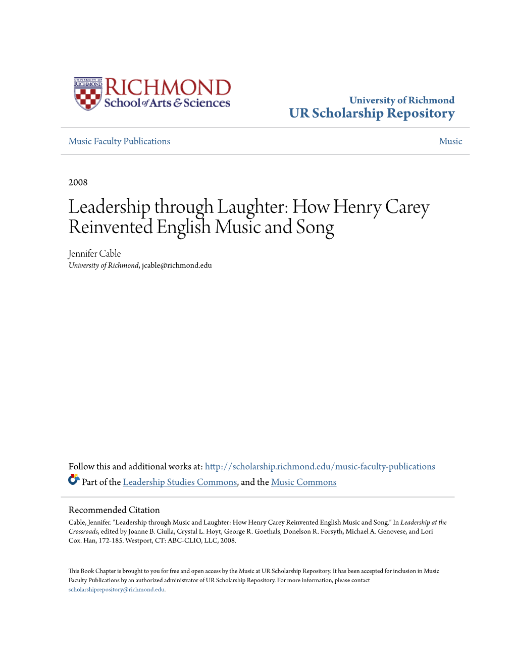 How Henry Carey Reinvented English Music and Song Jennifer Cable University of Richmond, Jcable@Richmond.Edu