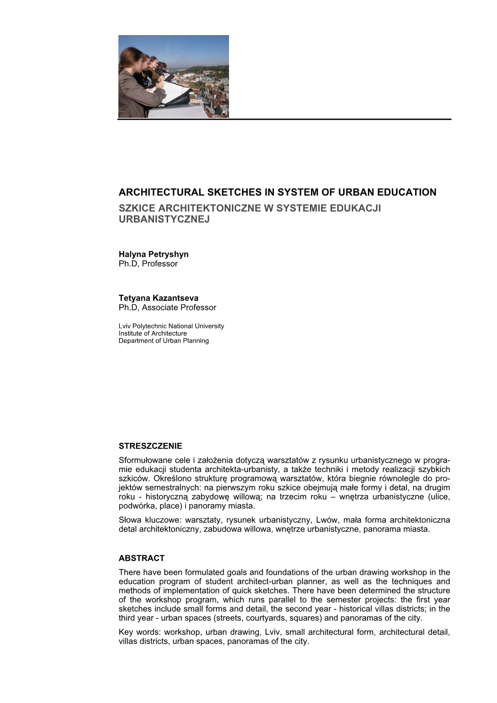 Architectural Sketches in System of Urban Education Szkice Architektoniczne W Systemie Edukacji Urbanistycznej