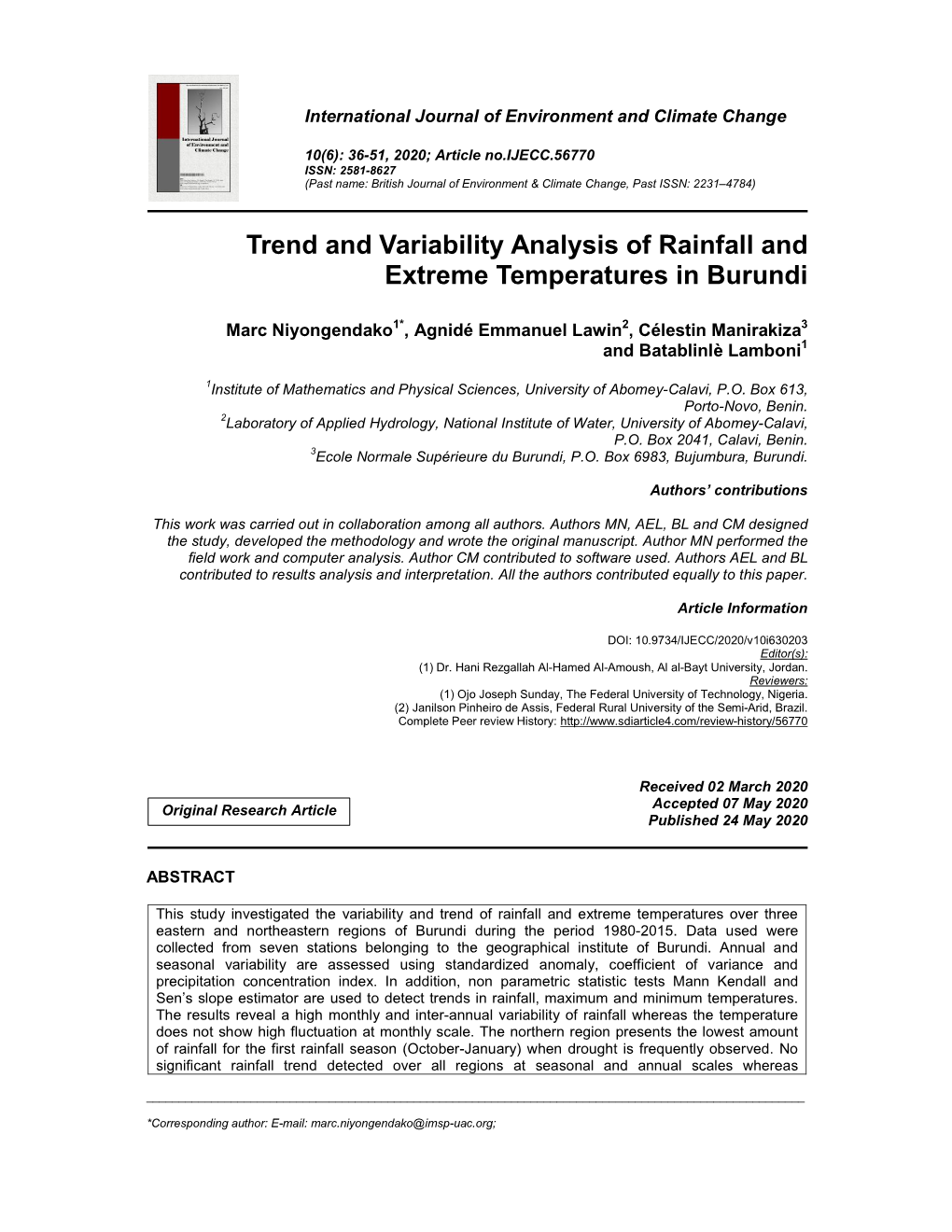 Trend and Variability Analysis of Rainfall and Extreme Temperatures in Burundi