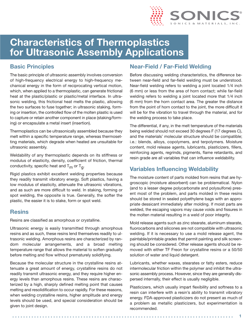 Characteristics of Thermoplastics for Ultrasonic Assembly Applications