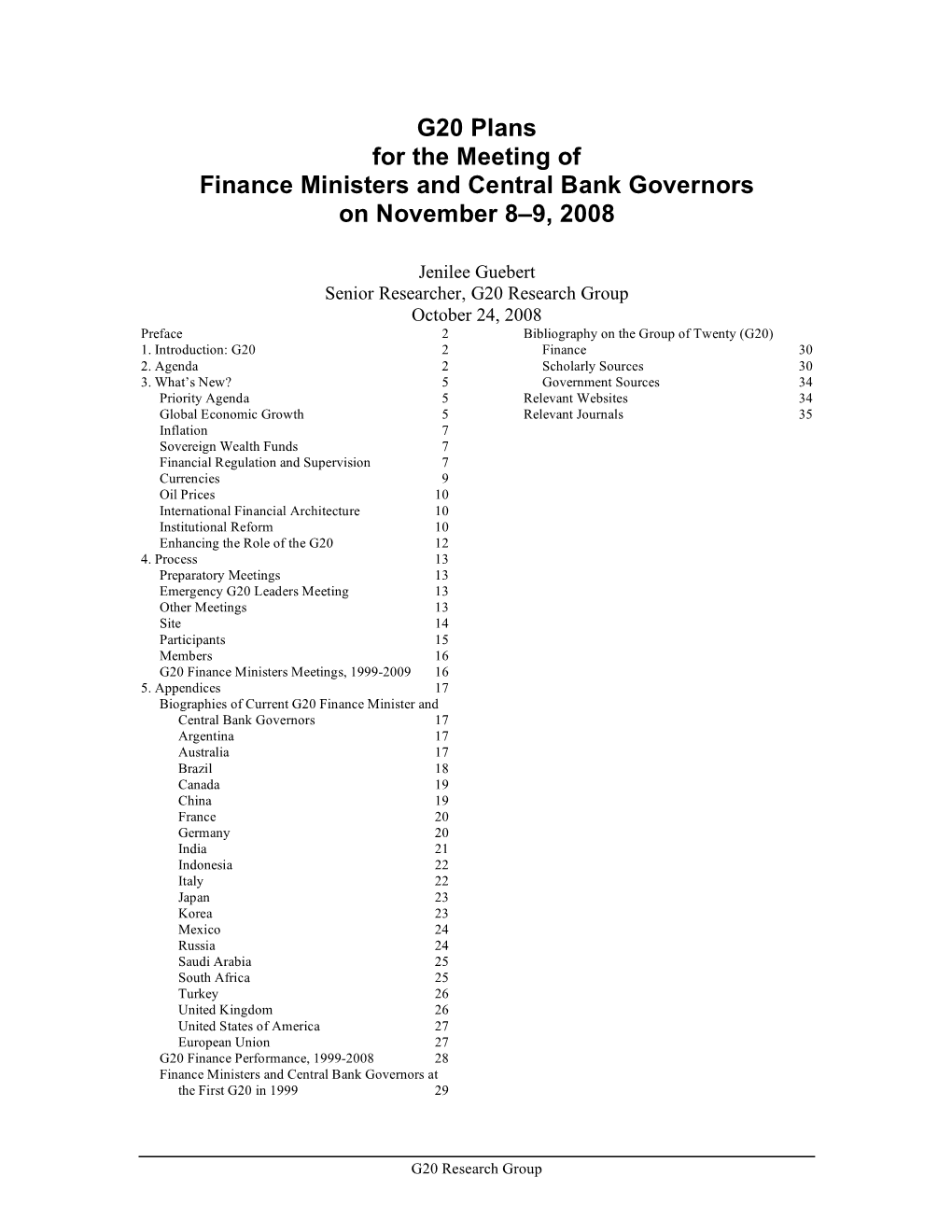 G20 Plans for the Meeting of Finance Ministers and Central Bank Governors on November 8–9, 2008