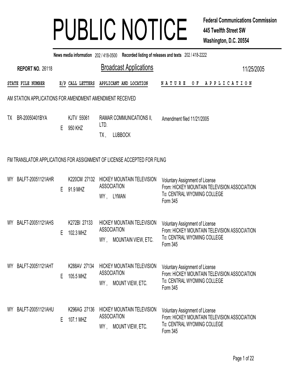 Broadcast Applications 11/25/2005