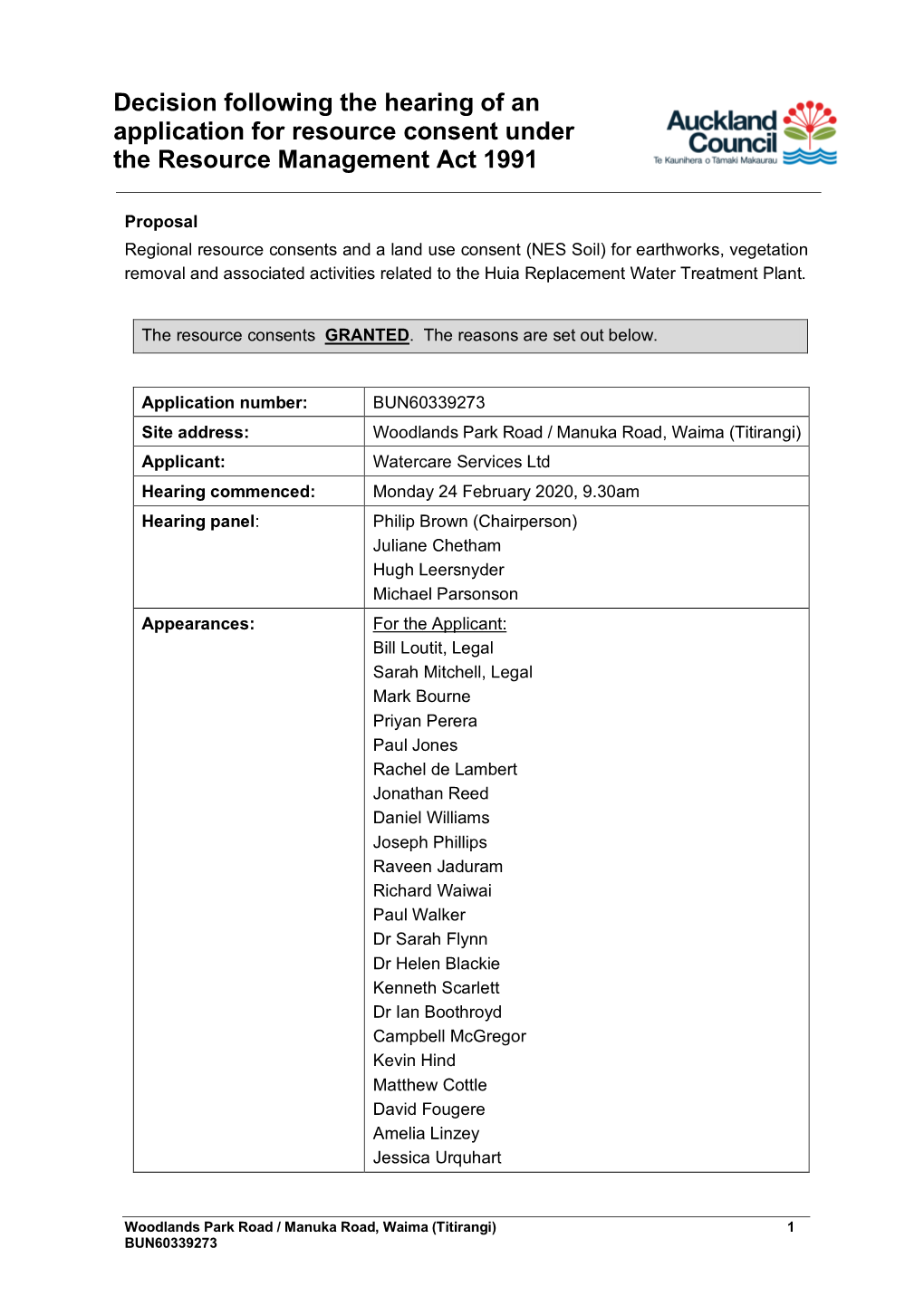 Decision Following the Hearing of an Application for Resource Consent Under the Resource Management Act 1991