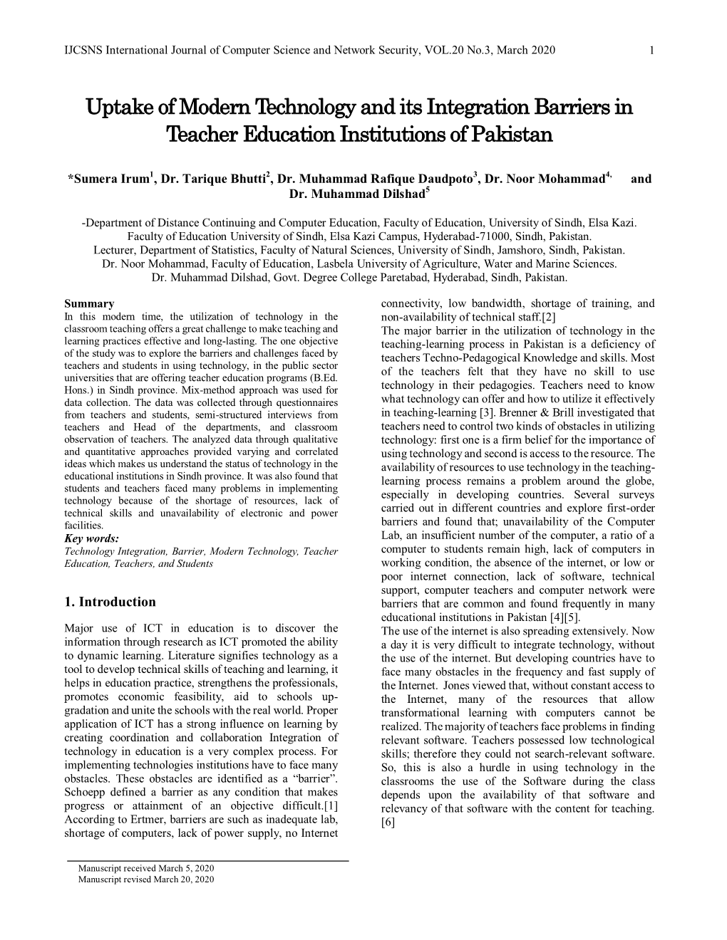 Uptake of Modern Technology and Its Integration Barriers in Teacher Education Institutions of Pakistan