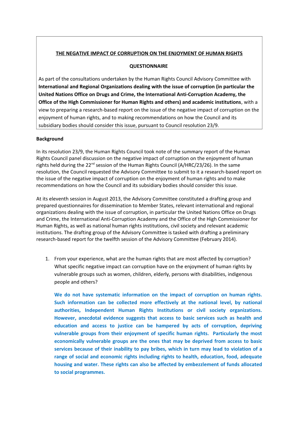 The Negative Impact of Corruption on the Enjoyment of Human Rights