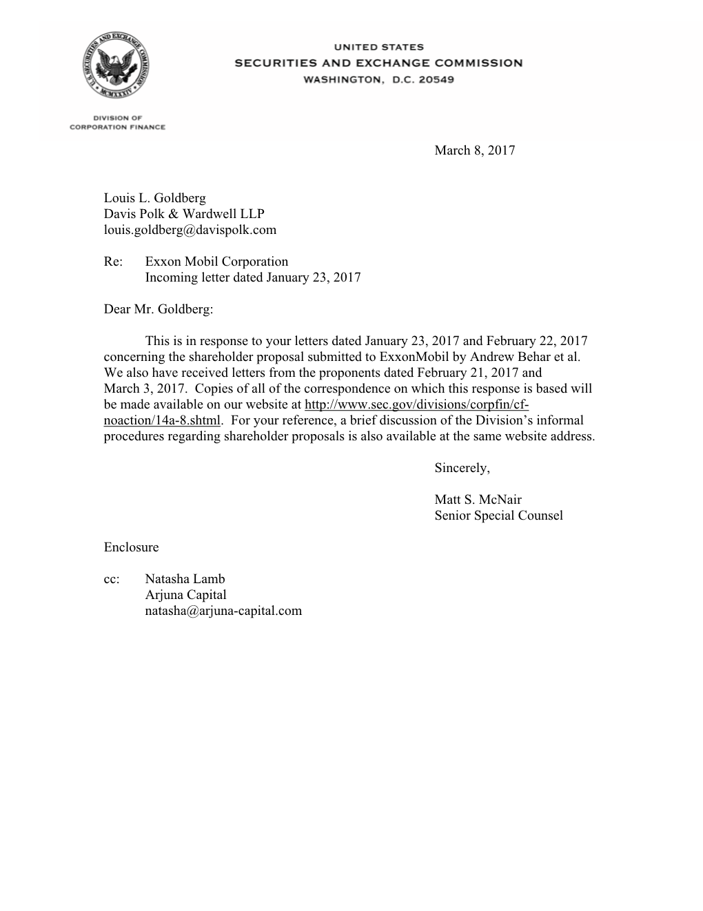 Exxon Mobil Corporation Incoming Letter Dated January 23, 2017