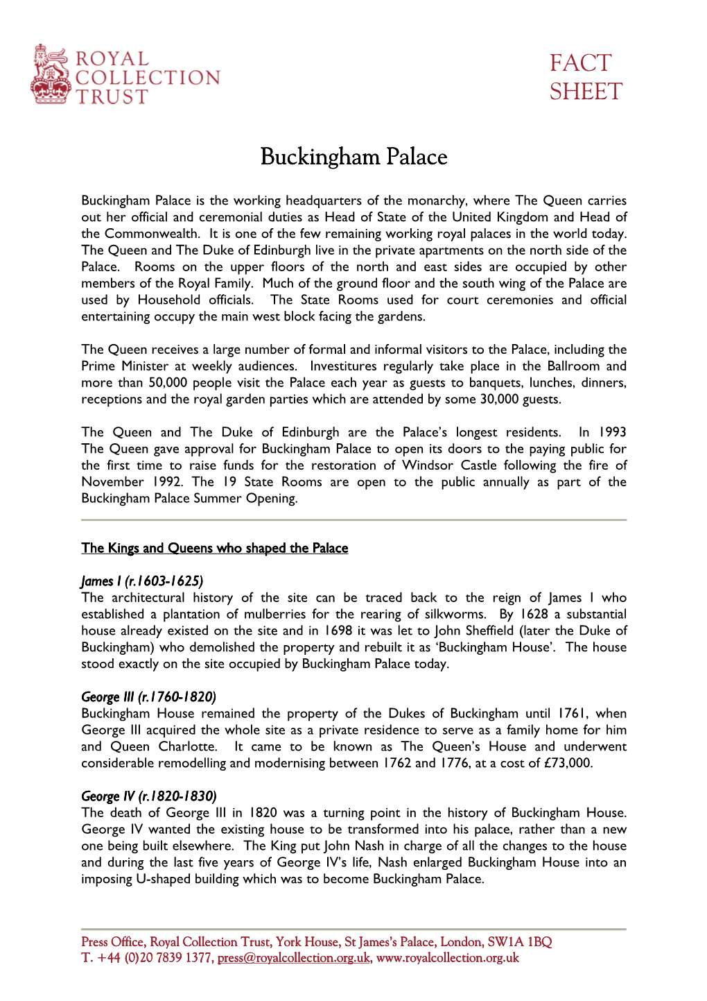 Buckingham Palace Fact Sheet