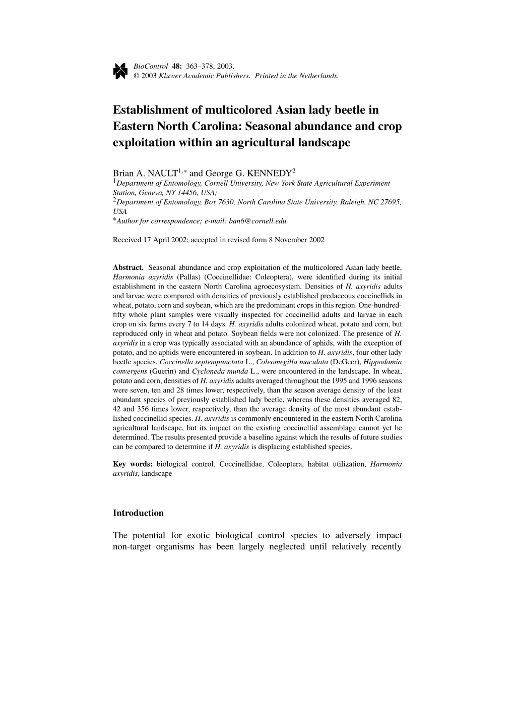 Establishment of Multicolored Asian Lady Beetle in Eastern North Carolina: Seasonal Abundance and Crop Exploitation Within an Agricultural Landscape