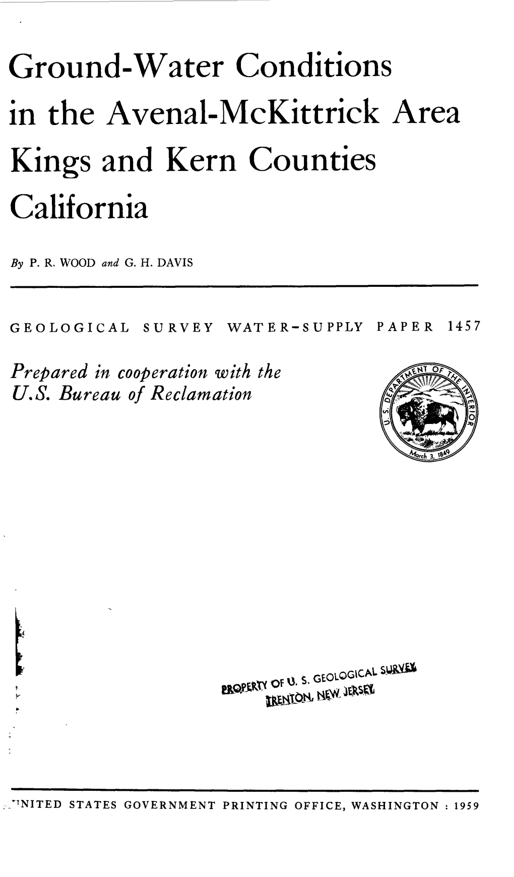 Ground-Water Conditions in the Avenal-Mckittrick Area Kings and Kern Counties California