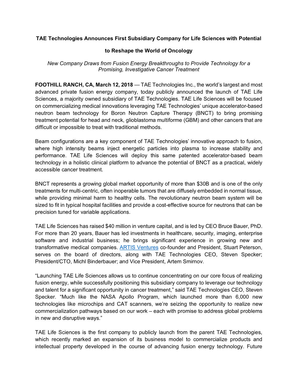 TAE Technologies Announces First Subsidiary Company for Life Sciences with Potential