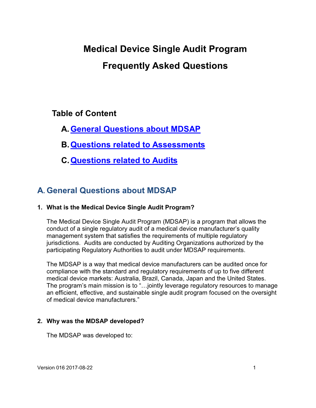 Medical Device Single Audit Program Frequently Asked Questions