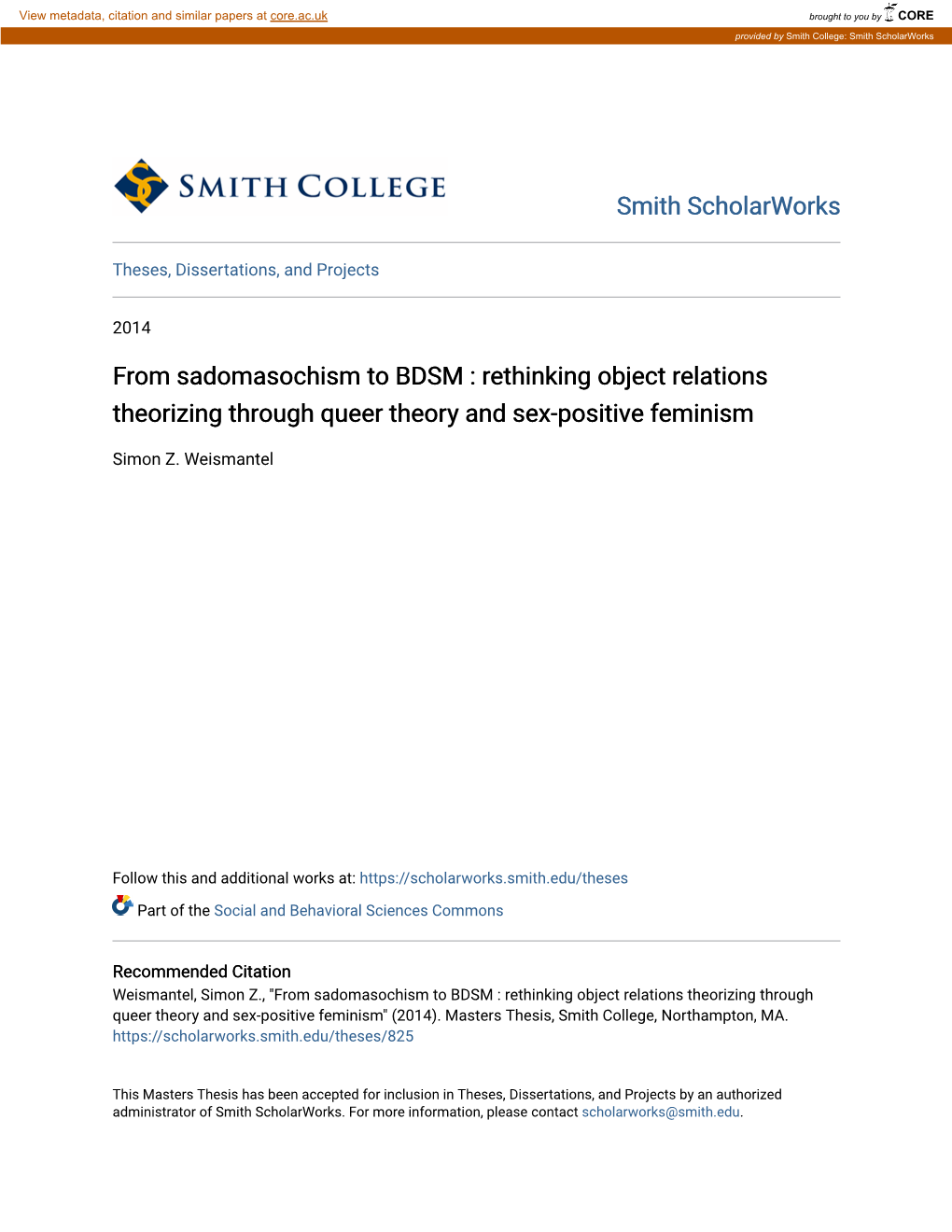 From Sadomasochism to BDSM : Rethinking Object Relations Theorizing Through Queer Theory and Sex-Positive Feminism