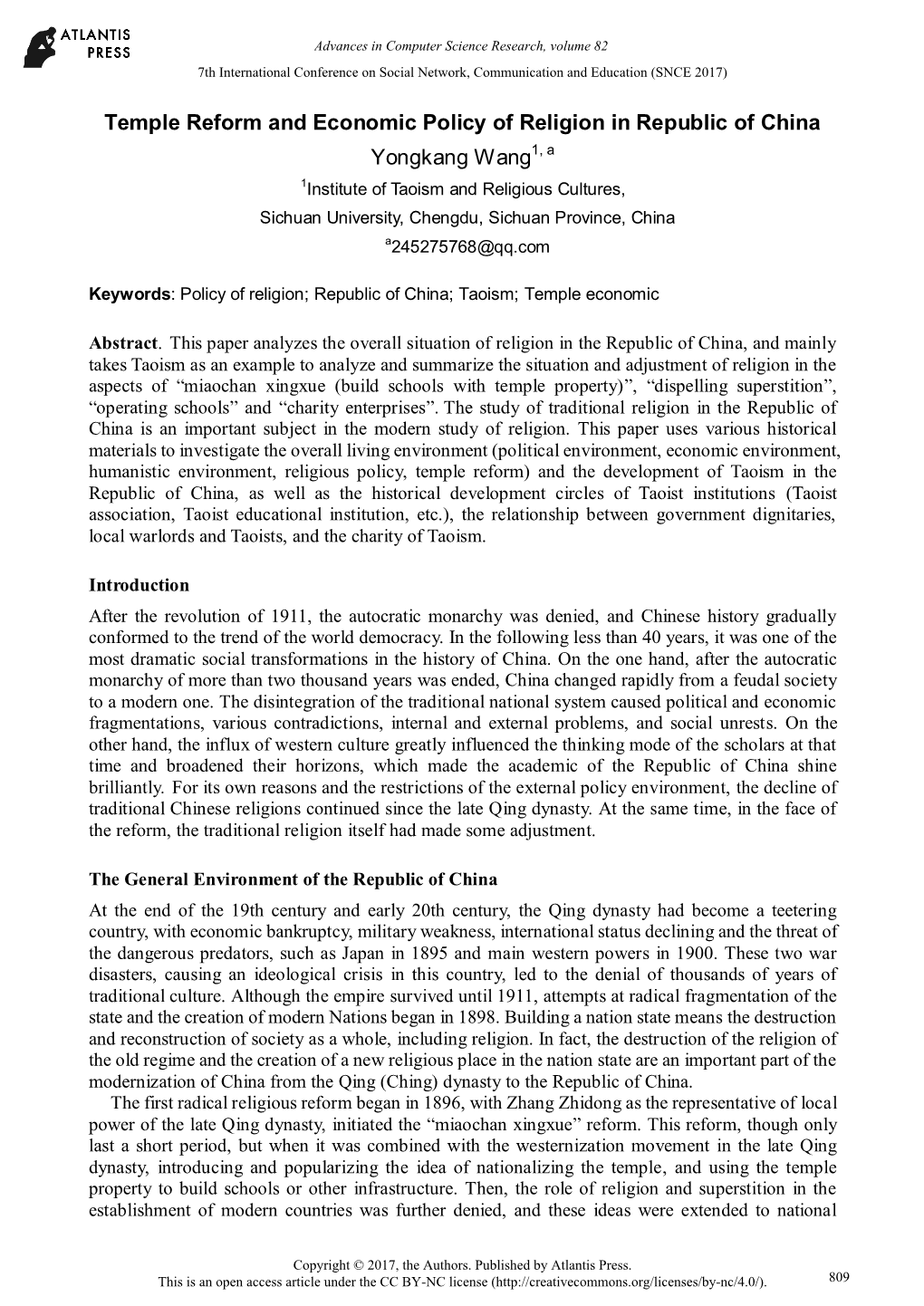 Temple Reform and Economic Policy of Religion in Republic of China Yongkang Wang