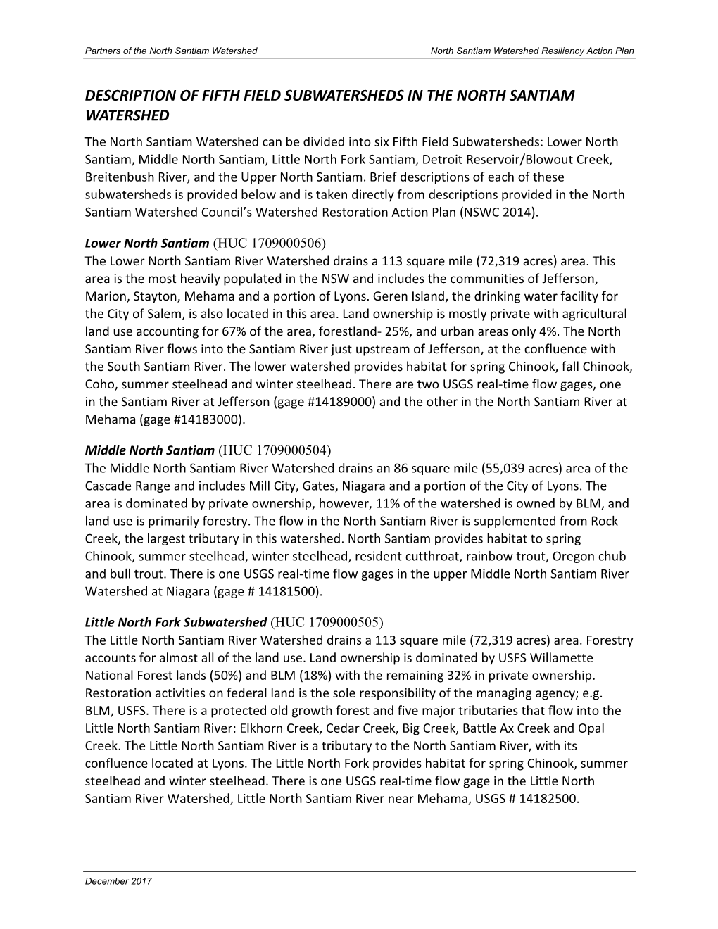 Description of Fifth Field Subwatersheds in the North Santiam Watershed