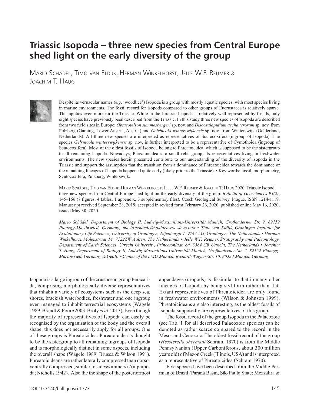 Triassic Isopoda – Three New Species from Central Europe Shed Light on the Early Diversity of the Group