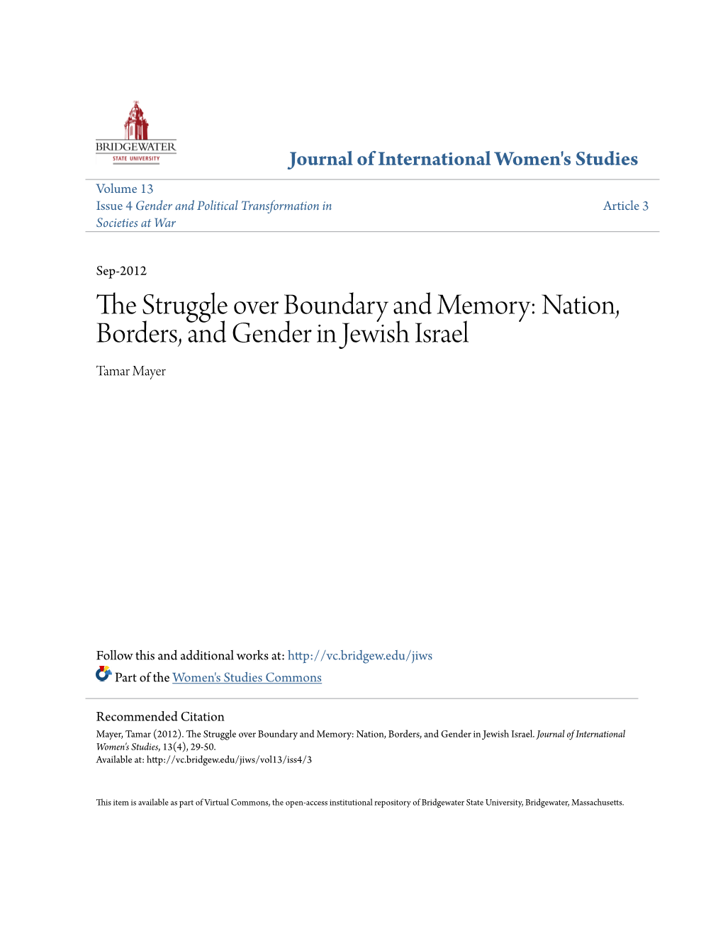 Nation, Borders, and Gender in Jewish Israel Tamar Mayer