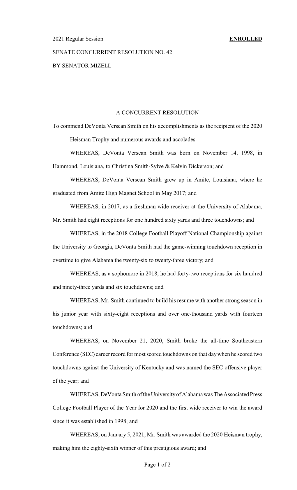 2021 Regular Session ENROLLED SENATE CONCURRENT RESOLUTION NO. 42 by SENATOR MIZELL a CONCURRENT RESOLUTION to Commend Devonta V