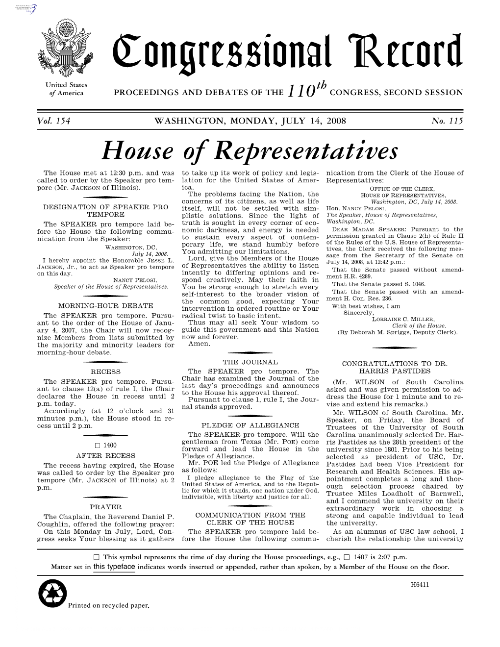 Congressional Record United States Th of America PROCEEDINGS and DEBATES of the 110 CONGRESS, SECOND SESSION