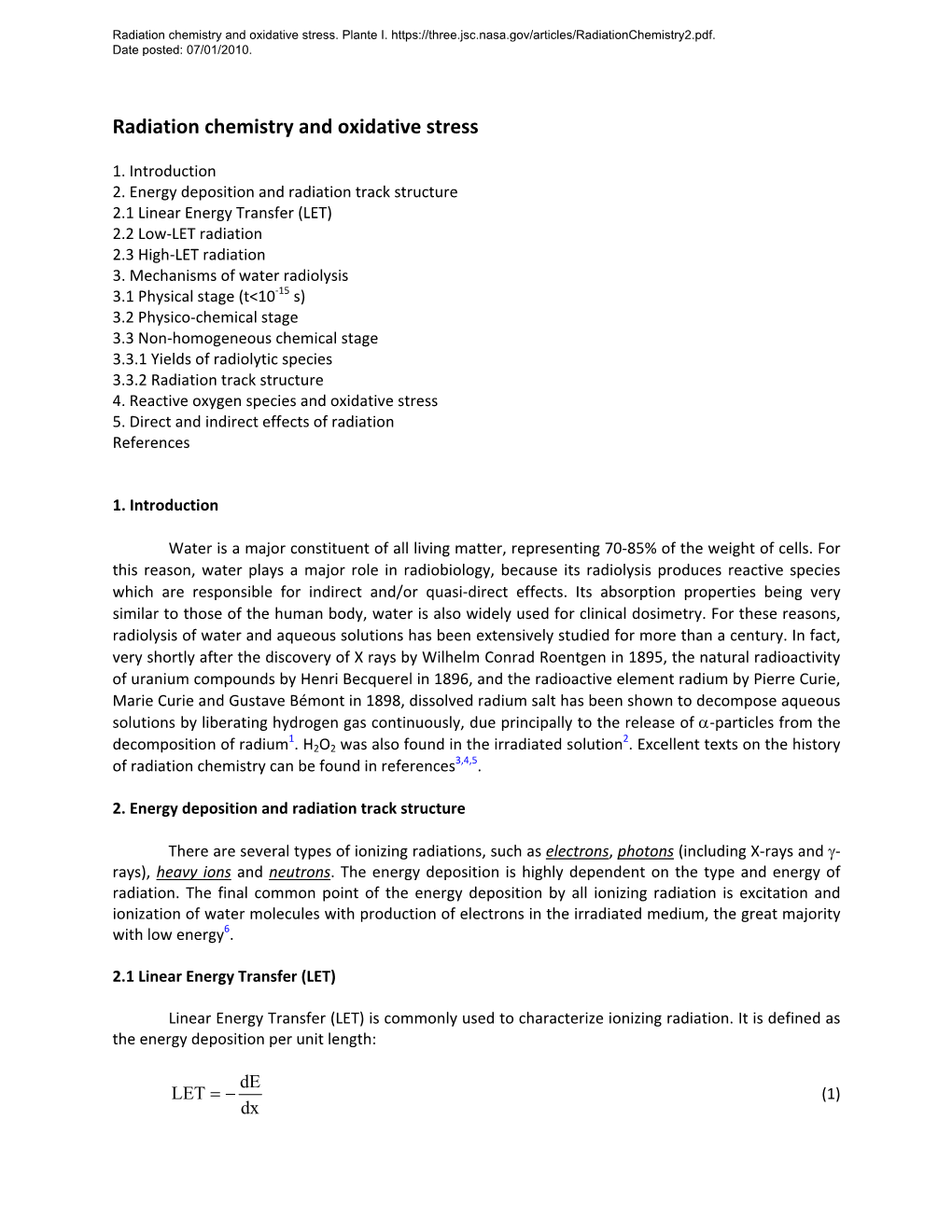 Radiation Chemistry and Oxidative Stress. Plante I