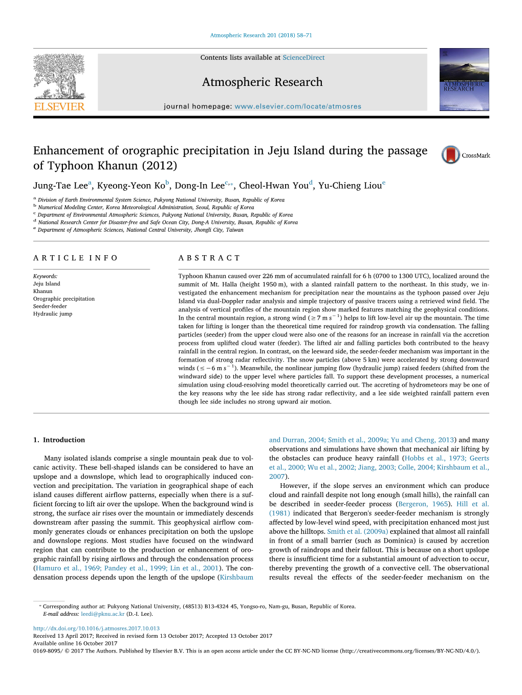 Enhancement of Orographic Precipitation in Jeju Island During the Passage MARK of Typhoon Khanun (2012)