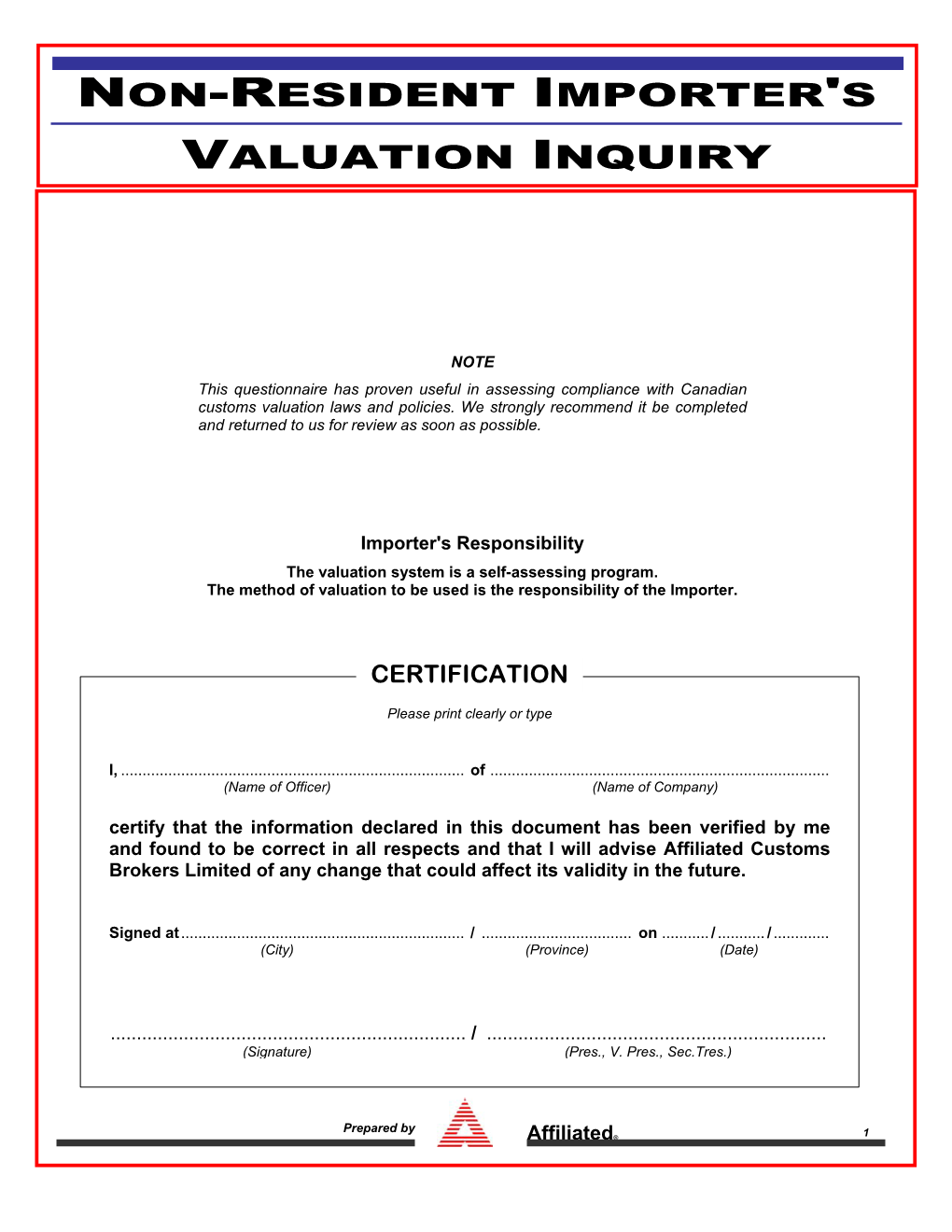 Non-Resident Importer's Valuation Inquiry