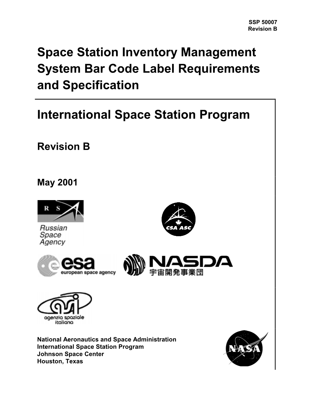 Space Station Inventory Management System Bar Code Label Requirements and Specification International Space Station Program