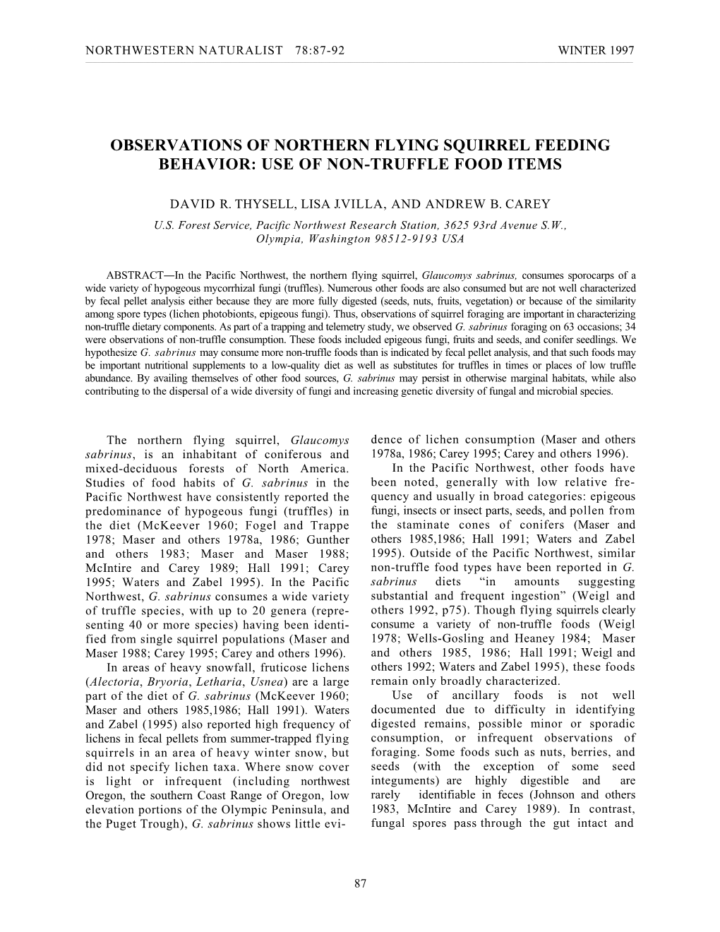 Observations of Northern Flying Squirrel Feeding Behavior: Use of Non-Truffle Food Items