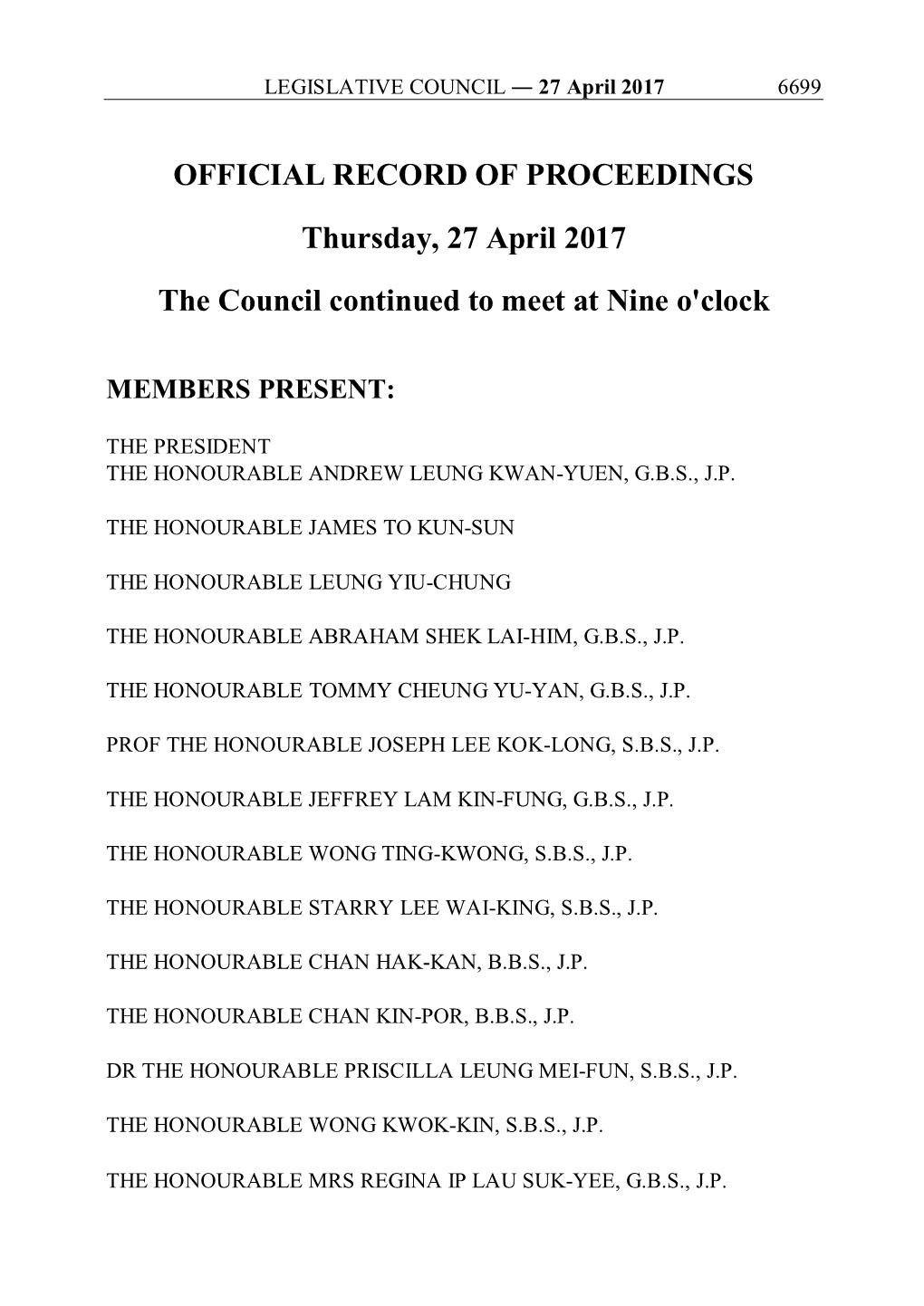 OFFICIAL RECORD of PROCEEDINGS Thursday, 27 April
