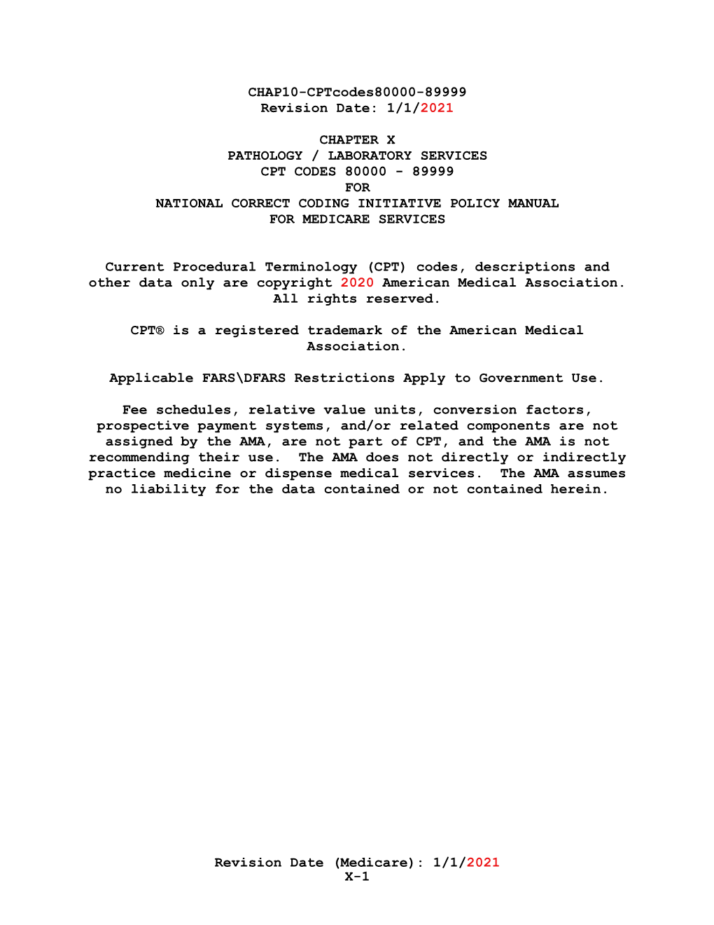 Chapter X Pathology / Laboratory Services Cpt Codes 80000 - 89999 for National Correct Coding Initiative Policy Manual for Medicare Services