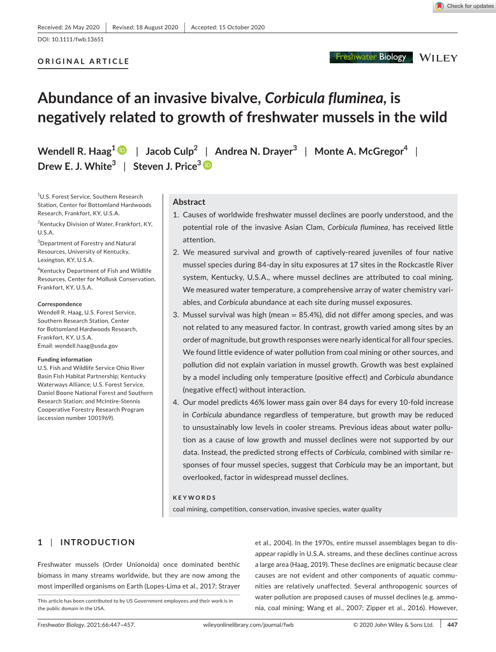 Abundance of an Invasive Bivalve, Corbicula Fluminea, Is Negatively Related to Growth of Freshwater Mussels in the Wild