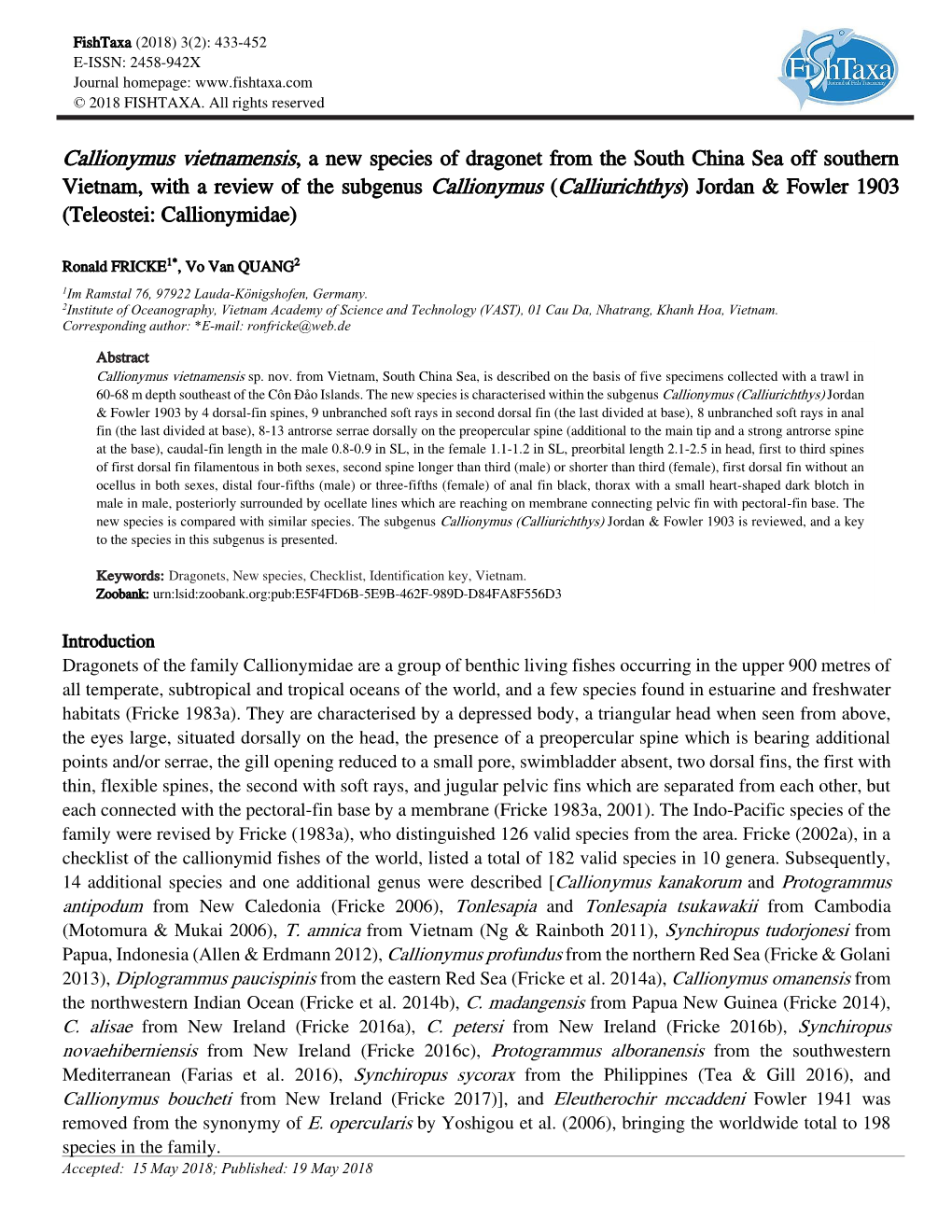 Callionymus Vietnamensis, a New Species of Dragonet from the South