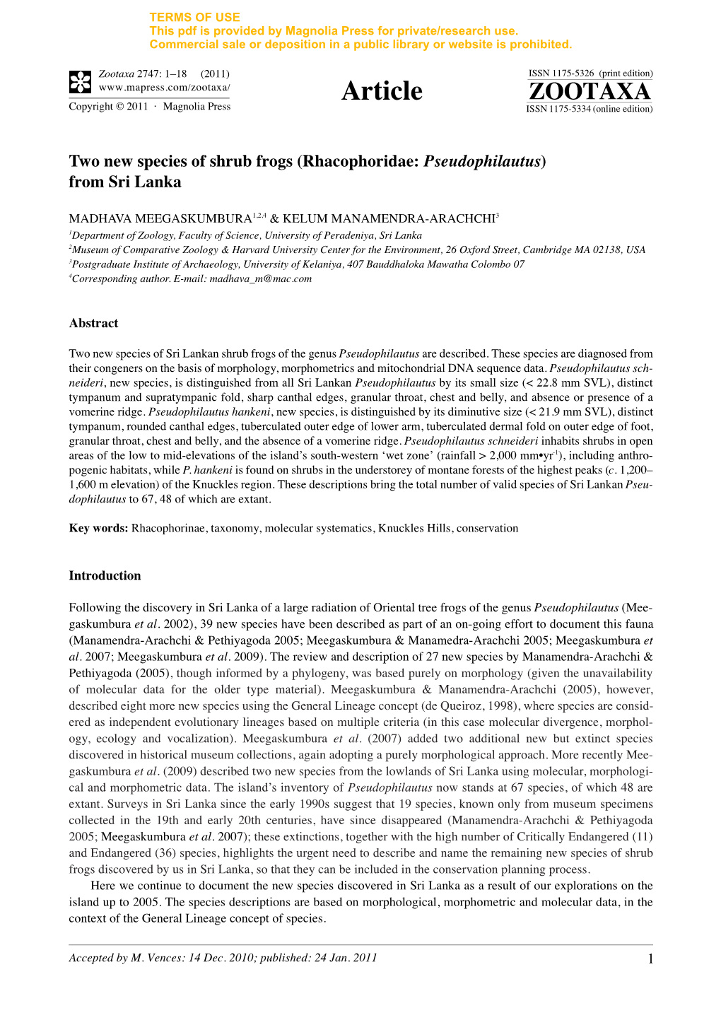 (Rhacophoridae: Pseudophilautus) from Sri Lanka