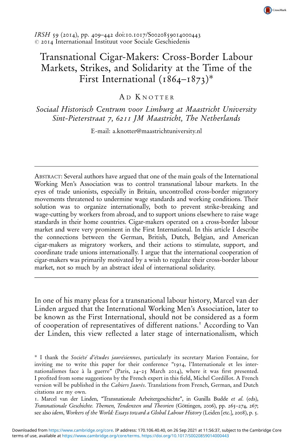 Transnational Cigar-Makers: Cross-Border Labour Markets, Strikes, and Solidarity at the Time of the First International (1864–1873)*