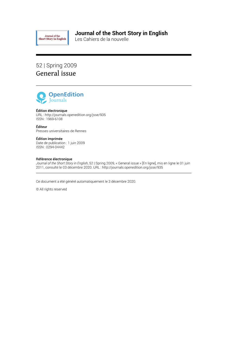 Journal of the Short Story in English, 52 | Spring 2009, « General Issue » [En Ligne], Mis En Ligne Le 01 Juin 2011, Consulté Le 03 Décembre 2020