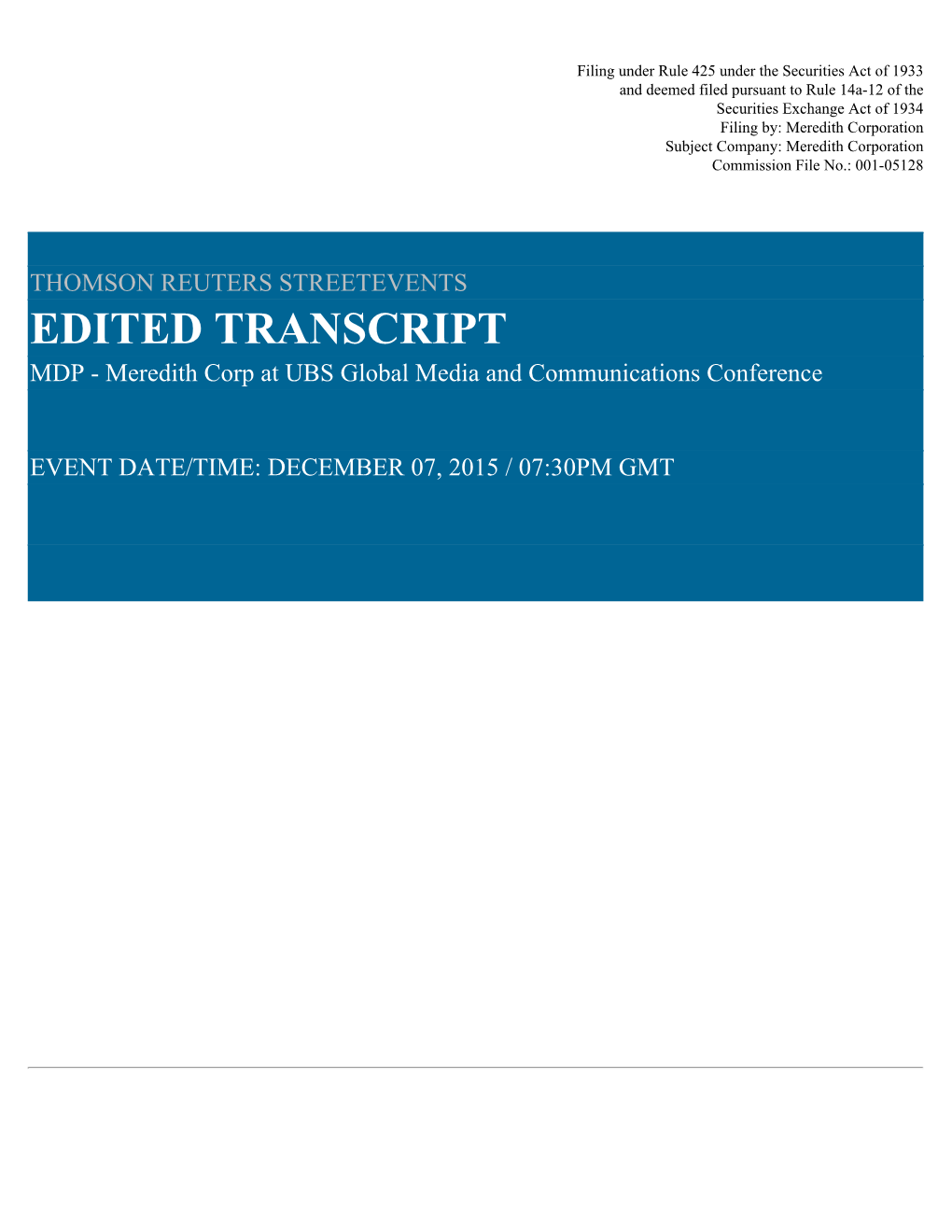 EDITED TRANSCRIPT MDP - Meredith Corp at UBS Global Media and Communications Conference