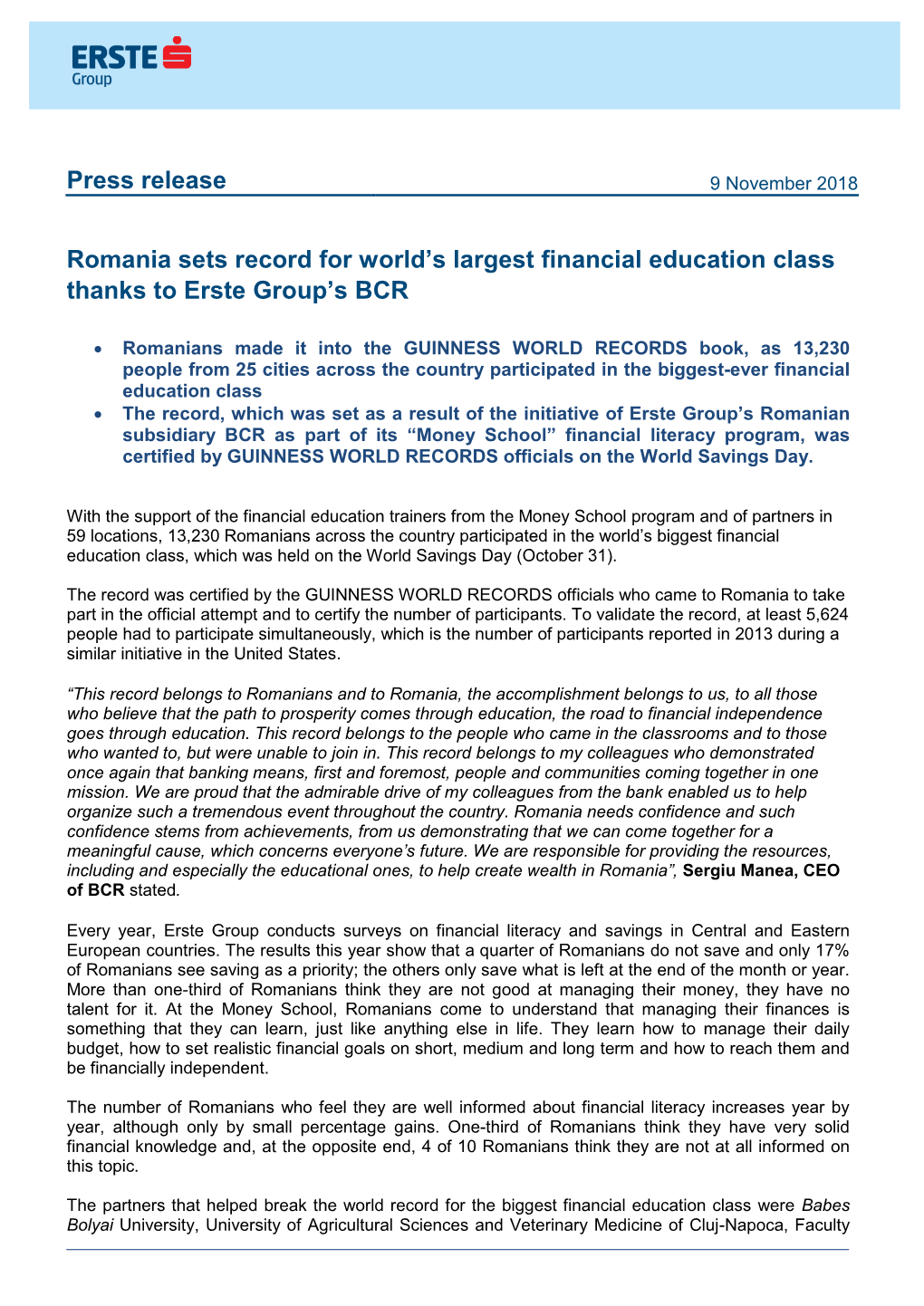 Romania Sets Record for World's Largest Financial Education Class Thanks to Erste Group's
