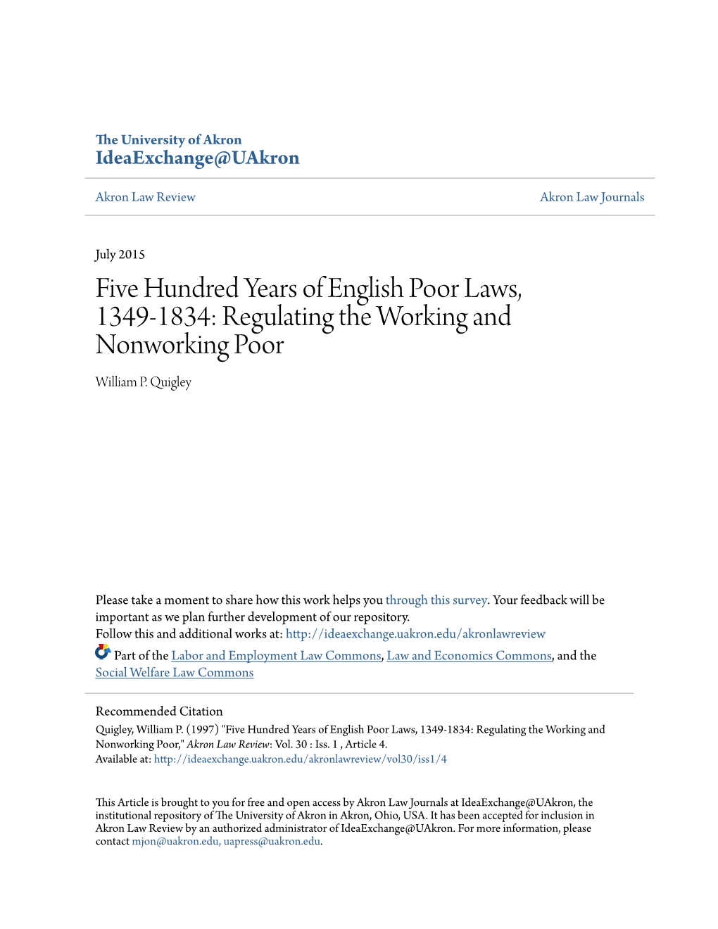 Five Hundred Years of English Poor Laws, 1349-1834: Regulating the Working and Nonworking Poor William P