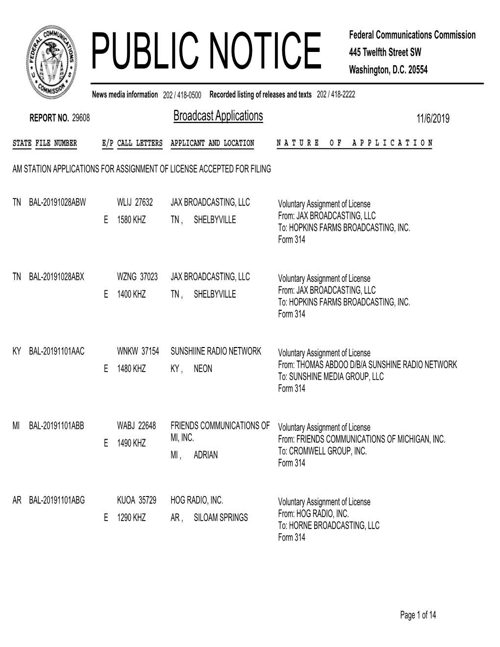 Broadcast Applications 11/6/2019