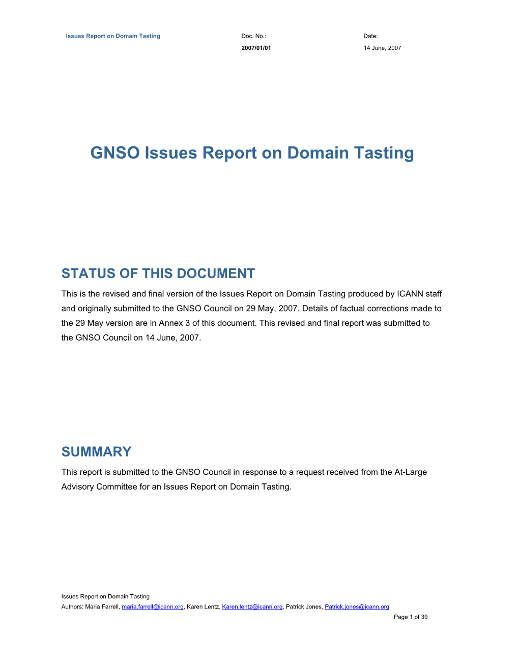 Issues Report on Domain Tasting Doc