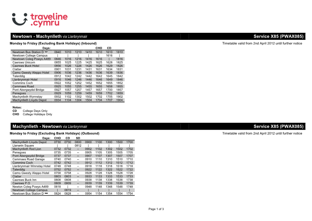 Traveline Cymru A4 Landscape Timetable