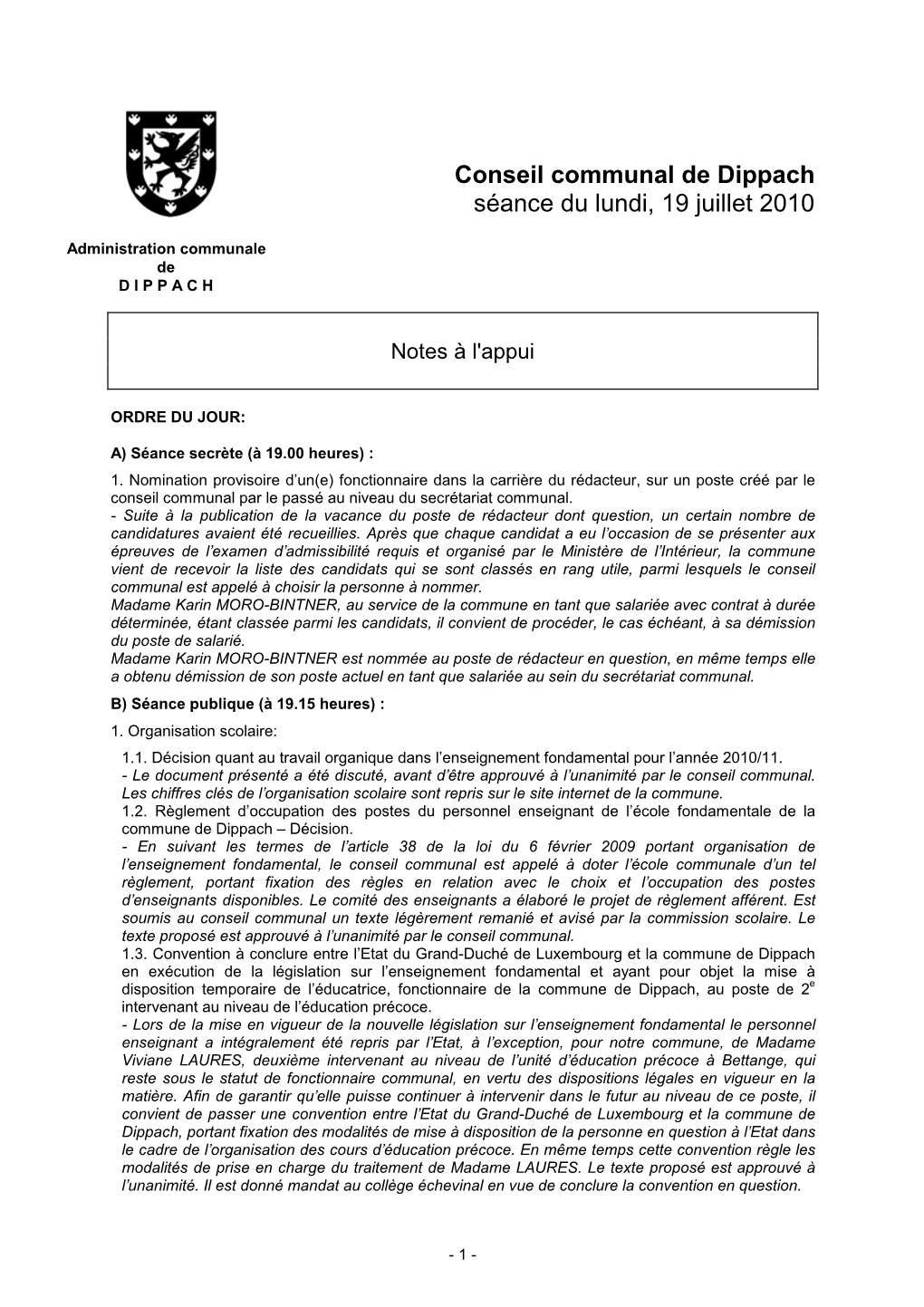 Conseil Communal De Dippach Séance Du Lundi, 19 Juillet 2010