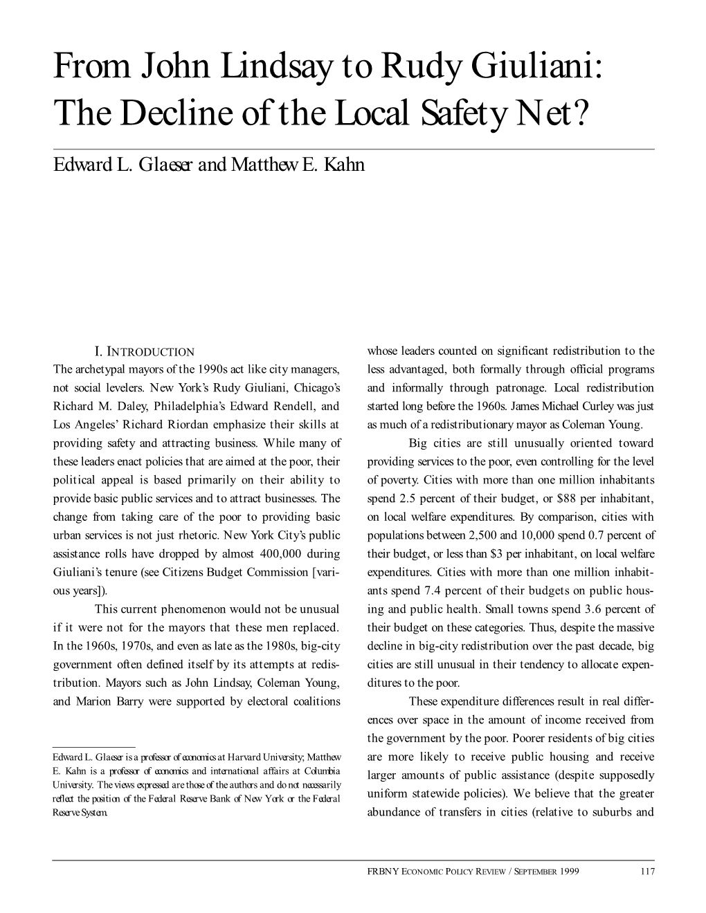 From John Lindsay to Rudy Giuliani: the Decline of the Local Safety Net?