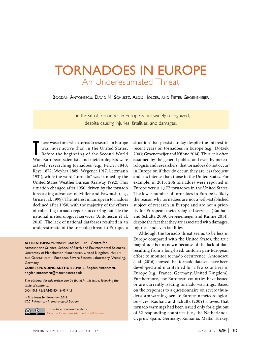 TORNADOES in EUROPE an Underestimated Threat