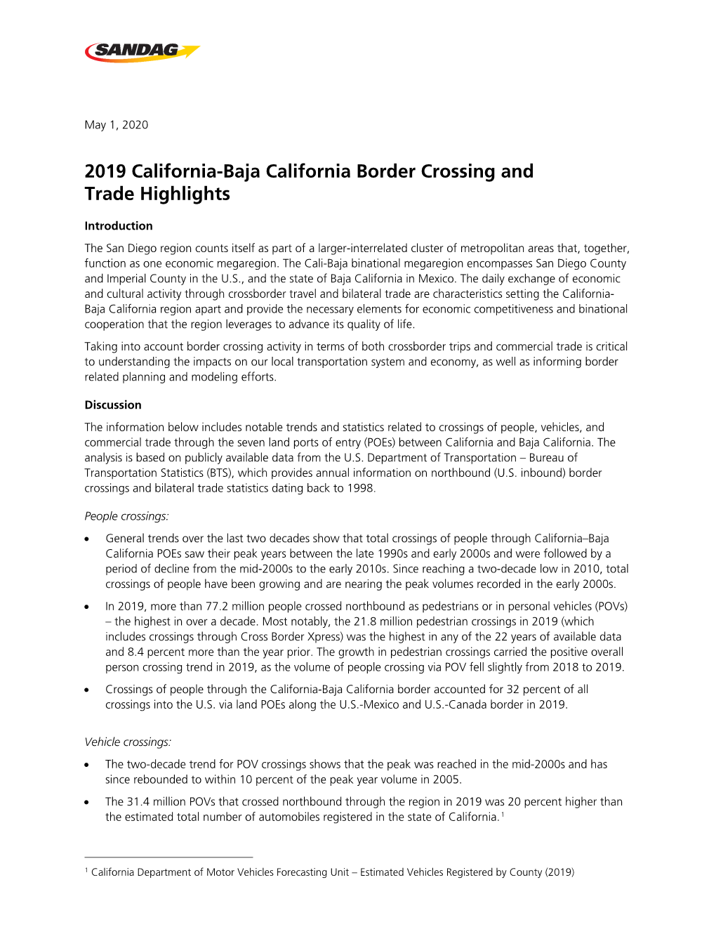 2019 California-Baja California Border Crossing and Trade Highlights