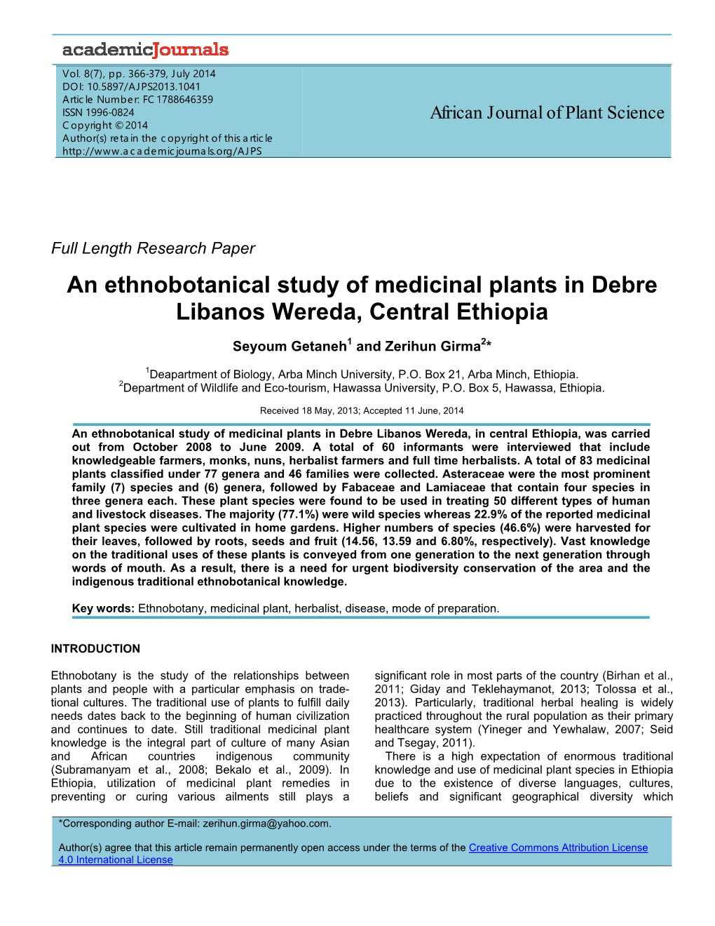 An Ethnobotanical Study of Medicinal Plants in Debre Libanos Wereda, Central Ethiopia